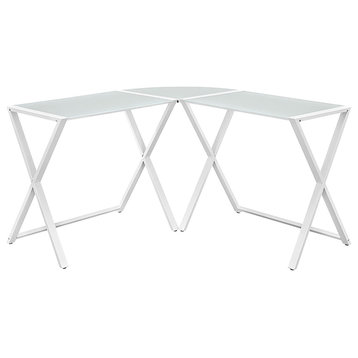 L-Shaped Desk, X-Shaped Metal Legs With Tempered Glass Top, White