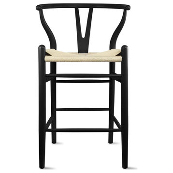 Wishbone Solid Wood Counter Height Bar Stool Y Open Back Weave Seat, Black