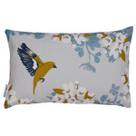 Lorna Syson - Greenfinch Bloom Cushion - The Greenfinch Bloom Cushion depicts one of Britain's most beloved birds. The greenfinch is a regular visitor to both urban and rural gardens, and its vivid green colouring is delightfully captured in this cushion as it springs into flight against a springtime backdrop of apple blossoms. Lorna Syson founded her studio in 2009, specialising in home decor that draws its inspiration from the stunning English countryside.
