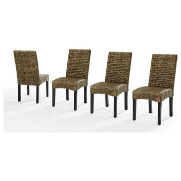 Set of 4 Dining Chair, Black Legs With Handwove Natural Seagrass Seat & Back