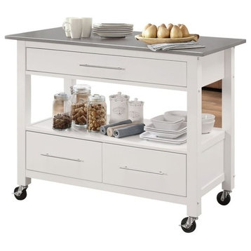 Bowery Hill Contemporary Wood/Stainless Steel Kitchen Island in White