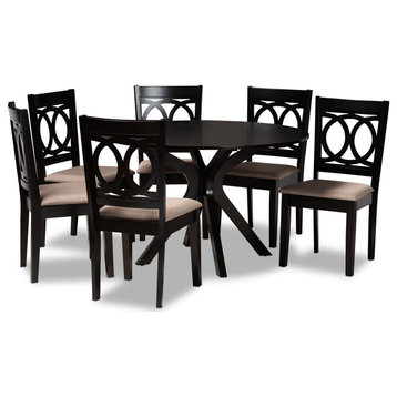 Sanne Sand Fabric Upholstered and Dark Brown Finished Wood 7-Piece Dining Set