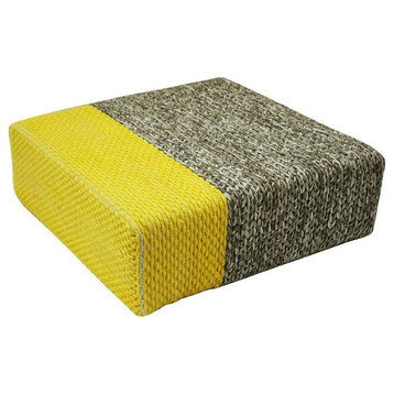 Ira Handmade Wool Braided Square Pouf, Natural/Vibrant Yellow