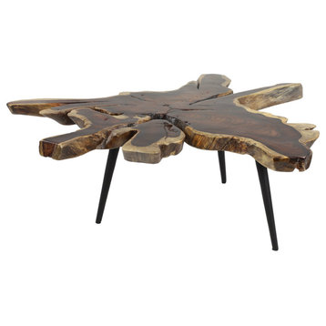 Contemporary Rustic Coffee Table, Natural Teak Wood Top With Exposed Wood Grain