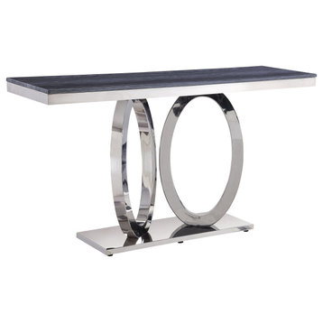 Zasir Sofa Table, Gray Printed Faux Marble and Mirrored Silver Finish