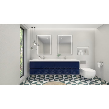 Belli 84" Double Sink Wall Mount Vanity Set, High Gloss Night Blue, Glossy White Top