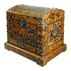 Chinese Distressed Yellow Red Dragon Graphic Trunk Box Chest - Decorative Boxes