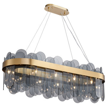 Gold Rectangle Smoky Gray Glass Modern Chandelier For Dining Room, L31.5"