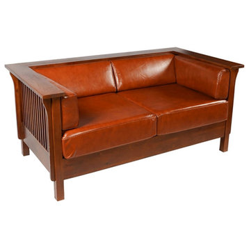 Arts and Crafts / Craftsman Cubic Slat Side Love Seat - Russet Brown Leather (RB