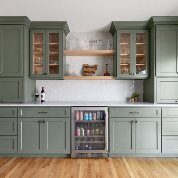 Remodel-Design-Build Kitchen Green Perimeter Cabinets w/ White Oak Island & Hood