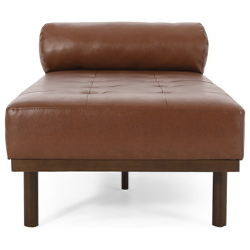 Elmore Mid Century Modern Faux Leather Tufted Chaise Lounge with Bolster Pillow, Cognac Brown + Natural Walnut