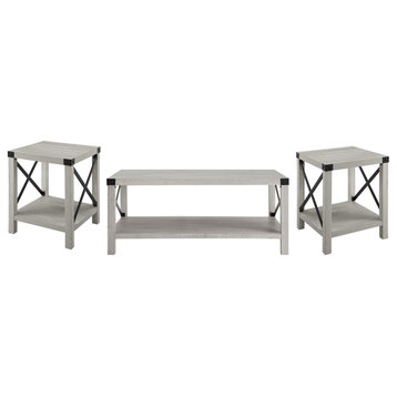 3-Piece Rustic Wood and Metal Accent Table Set - Stone Gray