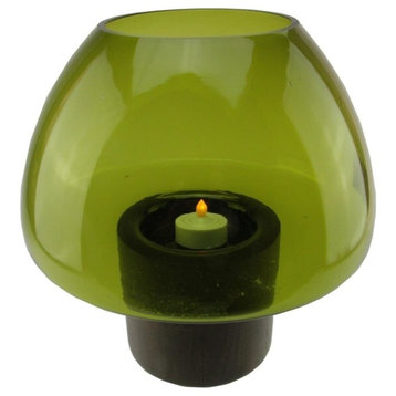 9.75" Transparent Glass Pillar Candleholder With Wooden Base, Green