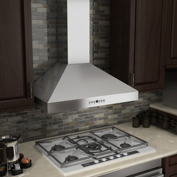 Brown kitchen featuring a ZLINE KL3CRN Stainless Steel Wall Range Hood