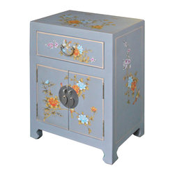 Chinese Medium Gray Graphic Vinyl Moon Face End Table Nightstan - Side Tables And End Tables