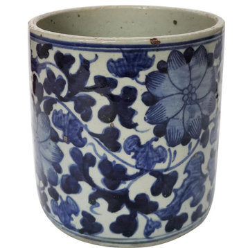 Orchid Pot Planter Twisted Peony Motif Cup Flower Ink Blue Ceramic
