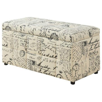 Vintage Ottoman, Unique Design With French Script Fabric Upholstery, Beige/Black