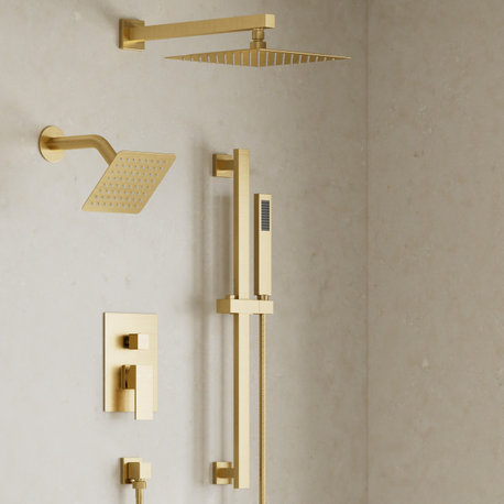 Dual Heads 10" Rianfall Shower System with Slide Bar Hand Shower, Brushed Gold