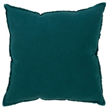 Fringed Design Down FIlled Linen 20" Throw Pillow, Jasper Green