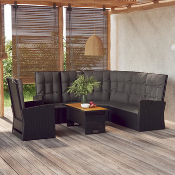 vidaXL Patio Furniture Set 3 Piece Sofa Couch with Cushions Black Poly Rattan