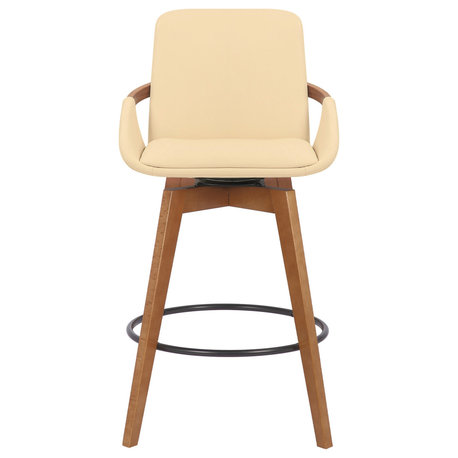 Baylor Swivel Wood Stool, Faux Leather, Cream/Walnut, 26" Counter Height