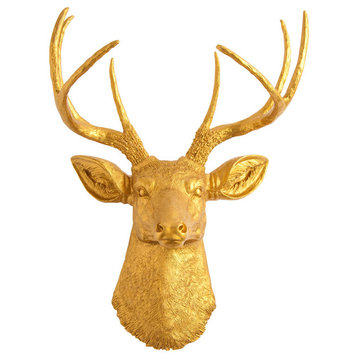 Faux Resin Deer Head Wall Mount, Gold With Gold Antlers