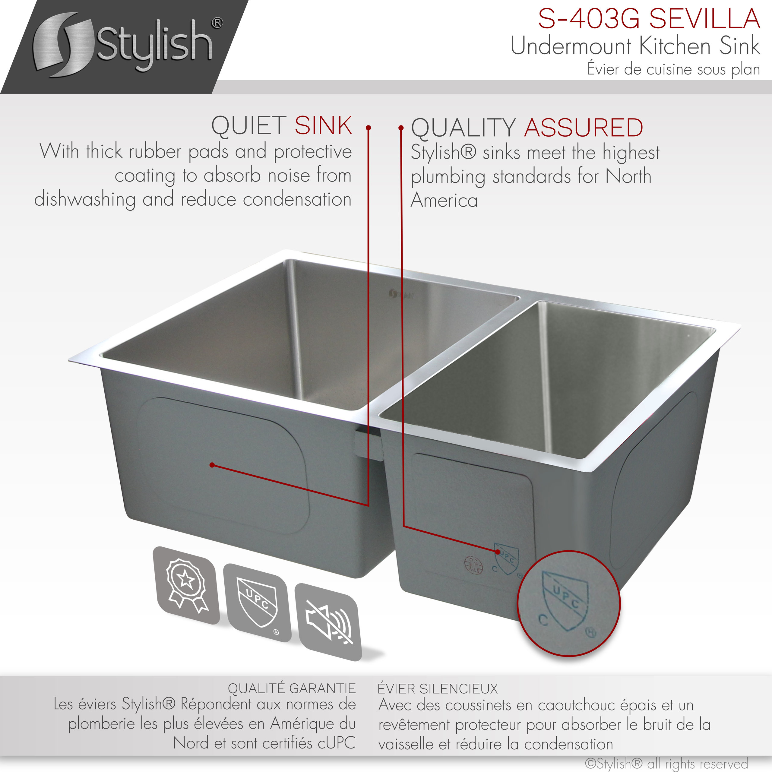 STYLISH 28" Double Bowl 60/40 Reversible Undermount Stainless Steel Kitchen SInk