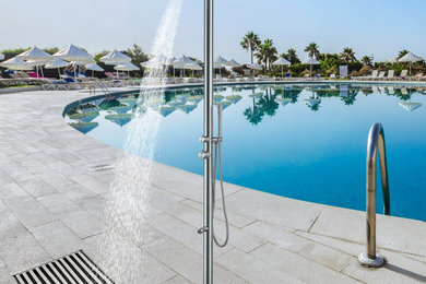 Diseño de piscina elevada minimalista grande en patio trasero