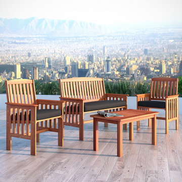 CorLiving Miramar 4-Piece Cinnamon Brown Hardwood Chair and Coffee Table Set