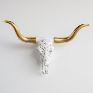 Faux Large Carved Texas Longhorn Skull Wall Decor, White and Gold