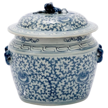Blue & White Lidded Rice Jar Floral Motif