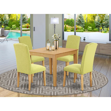 5Pc Square 36" Table And Four Parson Chair, Oak Leg And Linen Fabric Limelight