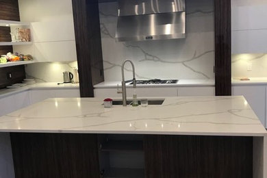 Kitchen - mid-sized contemporary light wood floor and brown floor kitchen idea in Ottawa with a double-bowl sink, flat-panel cabinets, white cabinets, quartzite countertops, gray backsplash, stone slab backsplash, paneled appliances and an island