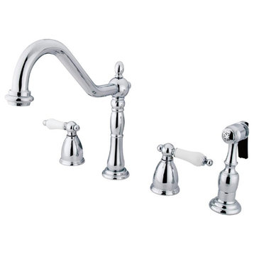 Kitchen Faucet, Dual White Handles & Side Sprayer, Polished Chrome