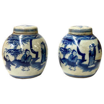 Pair Blue White Mini Oriental Graphic Porcelain Ginger Jars Hws947