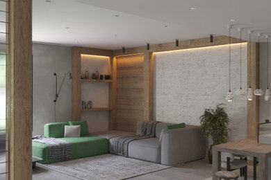 Пример оригинального дизайна: гостиная комната среднего размера в современном стиле с паркетным полом среднего тона и телевизором на стене