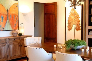 Mid-sized transitional medium tone wood floor enclosed dining room photo in Los Angeles with white walls