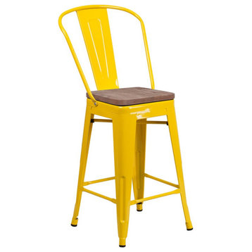 Flash Furniture 24" Metal Counter Stool in Yellow and Wood Grain