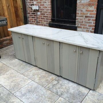 Park Slope, Brooklyn Garden Design, Water Fountain, Travertine Paver, Wood fence