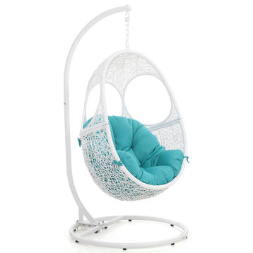 Modern Outdoor Malaga Swing Chair with Stand - White Basket with Teal Cushion