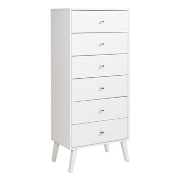 Prepac Milo Mid Century Modern Tall 6 Drawer Chest in White
