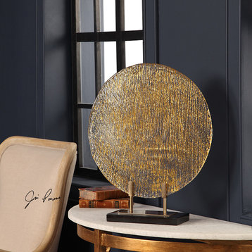 Elegant Bronze Gold Modern Art Glass Charger Stand | Flat Plate Disc Metallic