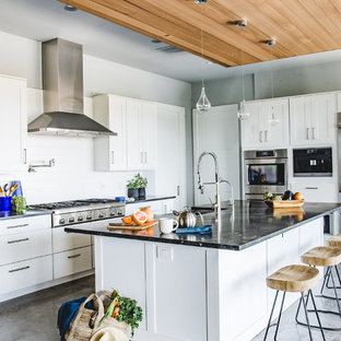 Mid-sized transitional kitchen pantry inspiration - Mid-sized transitional l-shaped concrete floor kitchen pantry photo in Austin with a farmhouse sink, shaker cabinets, white cabinets, quartzite countertops, white backsplash, porcelain backsplash, stainless steel appliances and an island