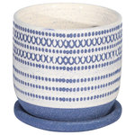 Sagebrook Home - Ceramic 5" Planter With Saucer, Blue - Its Blue interior and artistic pattern on the exterior make it look good with a plant or without one. The natural wood base gives this planter an organic feel.