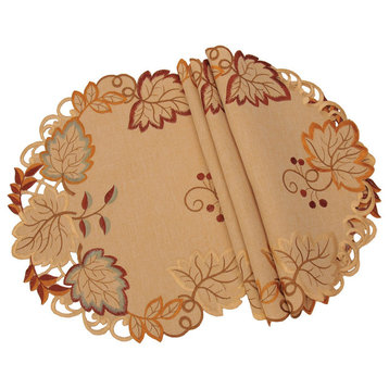 Harvest Verdure Embroidered Cutwork Fall Doilies, Tan, 16''Round, Set of 4