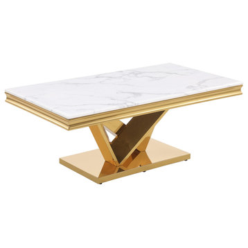 Thiago White Rectangular Stone Coffee Table, Gold