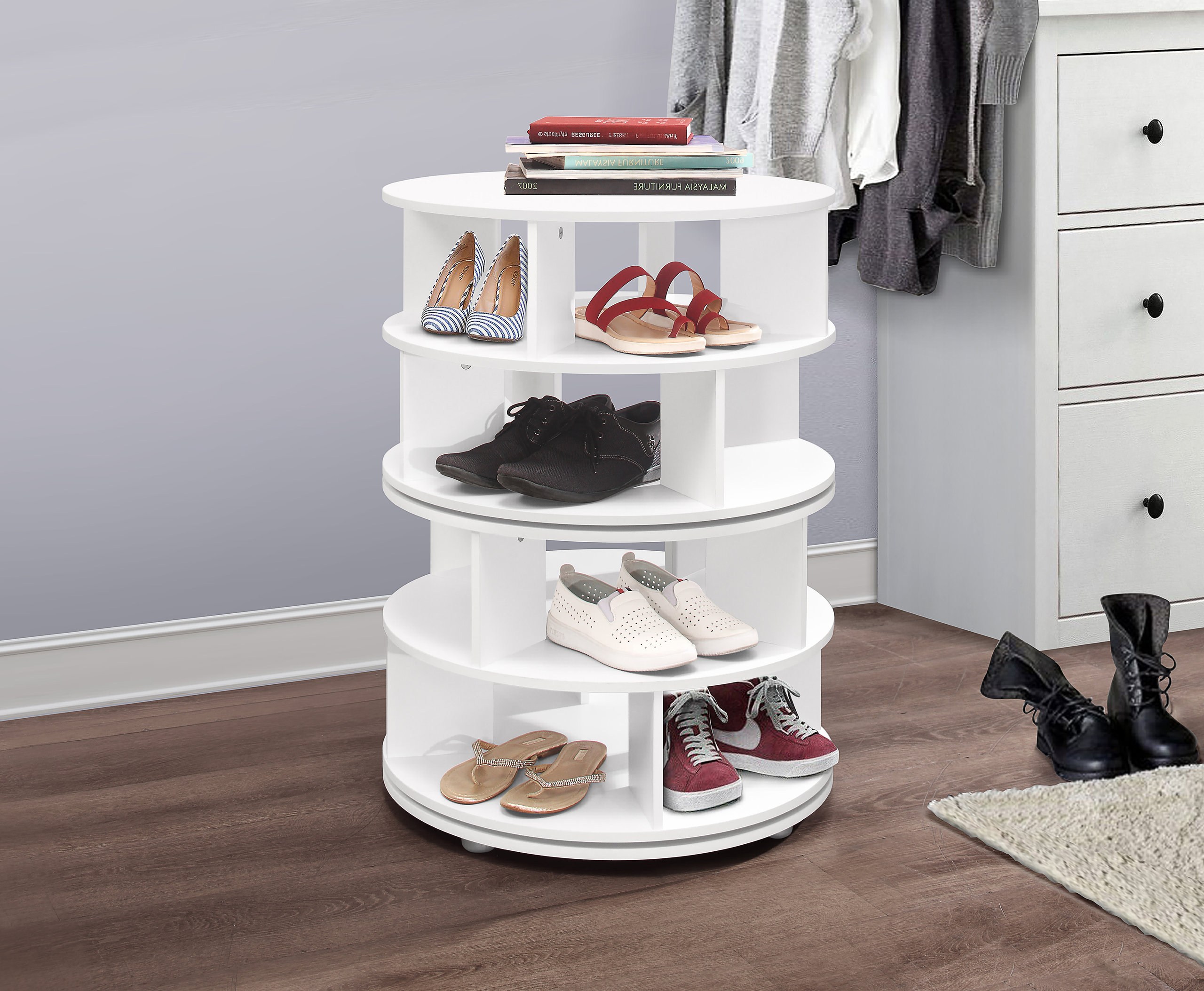 Montauk Wooden 16 Pair Revolving Shoe Storage Rack Carousel, White