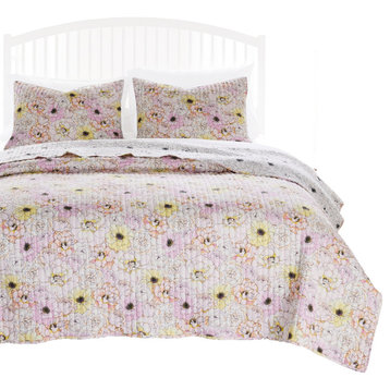 Benzara BM231048 3 Piece Blooming Flower Pattern Queen Quilt Set, White and Pink