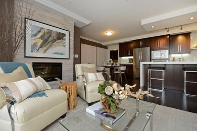 Example of a mid-sized trendy open concept and formal dark wood floor and brown floor living room design in Toronto with a standard fireplace, a stone fireplace, no tv and brown walls