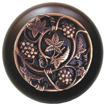 Grapevines Wood Knob, Antique Brass, Dark Walnut Wood Finish, Antique Copper
